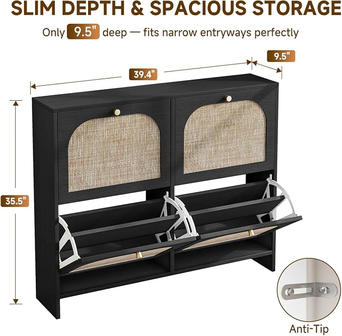 Nicetree Shoe Storage Cabinet for Entryway, Rattan Vintage Flip Shoe Rack- 4 Flip Drawers & 3-Tier Adjustable Shelves,Boho Shoe Organizer for 28-36 Pairs - Fits Size 12 Boots, 9.5" Ultra Slim