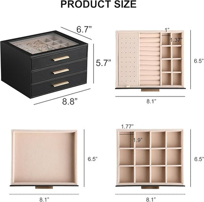 Frebeauty Clear Lid Jewelry Box,3-Layer Jewelry Organizer with Drawer,PU Leather Jewelry Organizers and Storage,Jewelry Boxes for Women,Jewelry Storage for Rings Earring Stud,Gift for Women(Black)