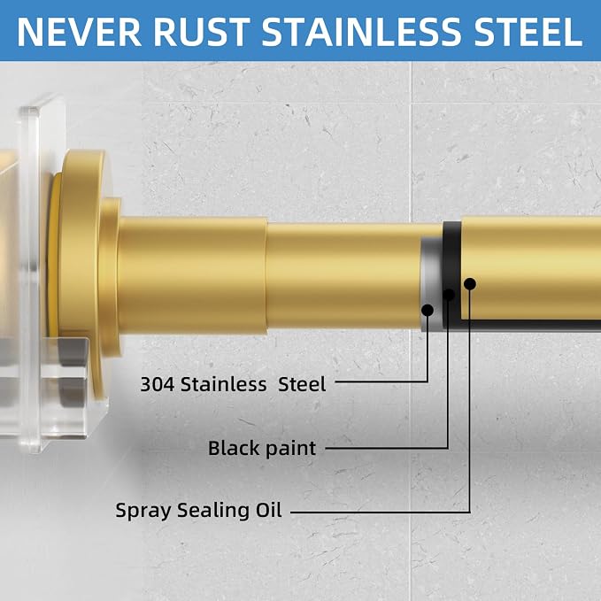 CorkLatta Gold Shower Curtain Rod,1 Inch Diameter Stainless Steel Adjustable Spring Tension Rods 32 to 80",with Holders,Anti-Slip,Curtain Rods No Drilling(1 Pack)