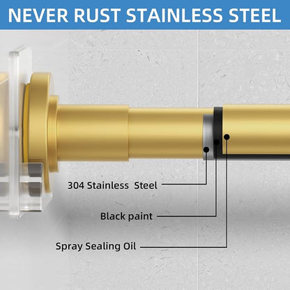 CorkLatta Gold Shower Curtain Rod,1 Inch Diameter Stainless Steel Adjustable Spring Tension Rods 32 to 68",with Holders,Anti-Slip,Curtain Rods No Drilling(1 Pack)