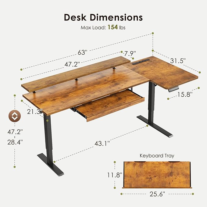 OffiGo 63 Inch Electric L Shaped Standing Desk with Keyboard Tray, Reversible Height Adjustable Corner Computer Desk with Monitor Stand, Sit Stand Up Lift Table for Home, Office, Rustic Brown