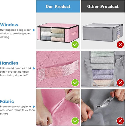 HomeHacks Storage 3-Pack Clothes Organizer Storage Bags Foldable Storage Box with Large Clear Window Sturdy Handles for Closet, Dorm, Pillows, Bedding, Clothes, Blankets, 35L, Pink