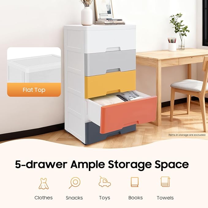 Plastic 5-Drawer Storage Cabinet, Stackable Vertical Organizer Tower with Wheels, Modern Dresser for Bedroom, Closet, Entryway & Office Furniture, White