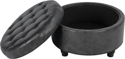 Homepop Home Decor |Button Tufted Faux Leather Round Storage Ottoman | Ottoman with Storage for Living Room & Bedroom (Gray)