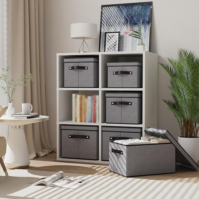YheenLf Fabric Storage Bin with Lid, 7.1 x 9.1 x 13 Inch Foldable Storage Box for Shelves with Handles, Decorative Linen Closet Organizer, Gray, 1-Pack