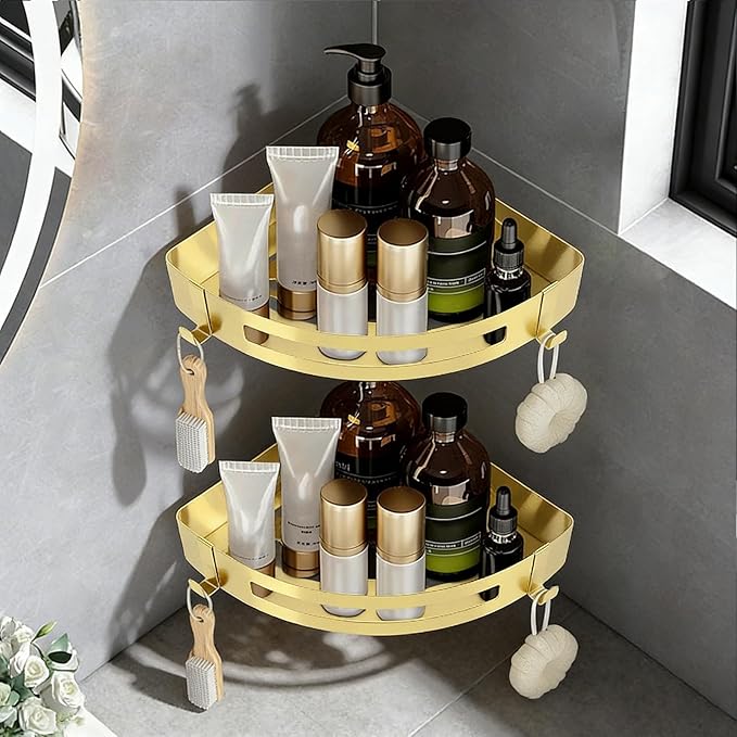 NearMoon Bathroom Shower Caddy 2 Pack, No Drill 304 Stainless Steel Shower Organizer with 2 Hooks (Corner Shelf, Gold)