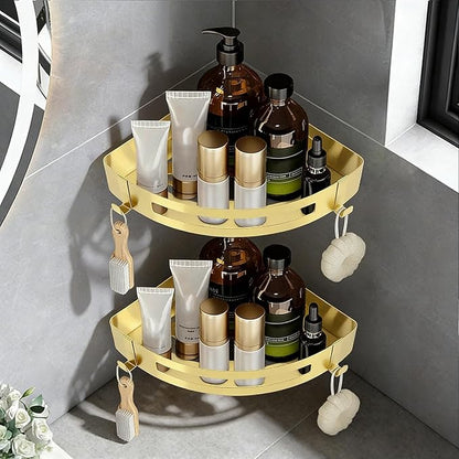 NearMoon Bathroom Shower Caddy 2 Pack, No Drill 304 Stainless Steel Shower Organizer with 2 Hooks (Corner Shelf, Gold)
