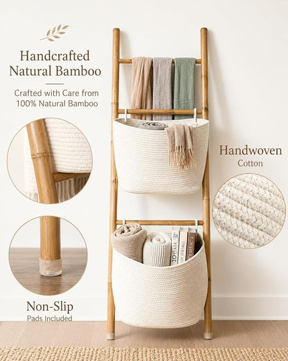Bamboo Blanket Ladder with 2 Woven Storage Baskets, Handcrafted 55in Decorative Ladder for Blankets, Leaning Blanket Holder for Living Room, Towel Ladder for Bathroom & Quilt Display Rack