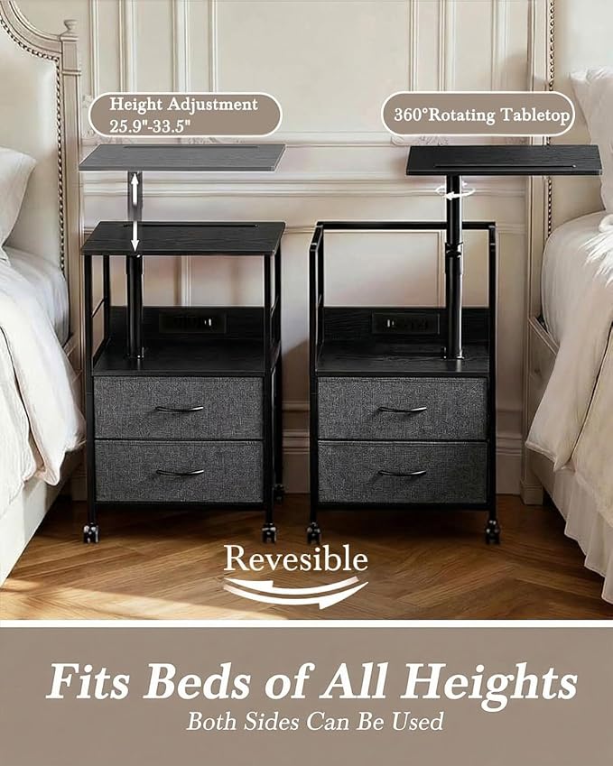 Faesun Swivel Lift Top Nightstand with Charging Station, Rolling Side Table for Recliner, Bedside Table with Wheels & 2 Fabric Drawers, for Small Spaces, for Bedroom, Living Room, Black Gray