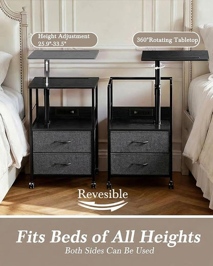 Faesun Swivel Lift Top Nightstand with Charging Station, Rolling Side Table for Recliner, Bedside Table with Wheels & 2 Fabric Drawers, for Small Spaces, for Bedroom, Living Room, Black Gray