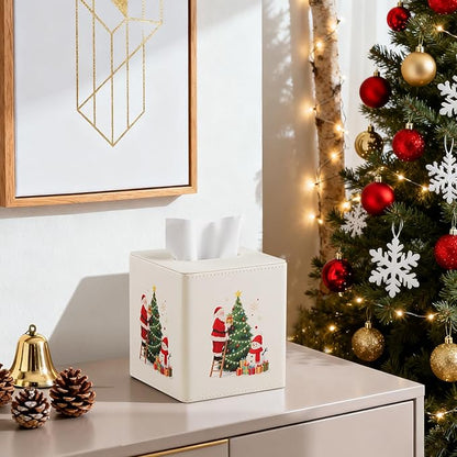 Square Christmas-Themed Tissue Box Cover with A Magnetic Bottom,A Stylish Leather-Decorated Tissue Holder for Living Rooms, Bedrooms, and Office Desks (White Square)