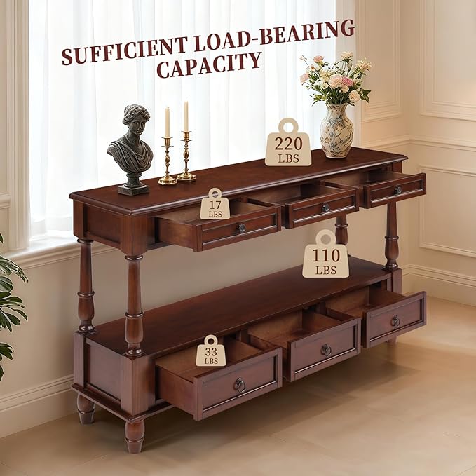 Vintage Solid Wood Console Table with 6 Drawers - 54" Hallway Sofa Table with Bottom Shelf for Entrance, Living Room & Foyer, Cherry