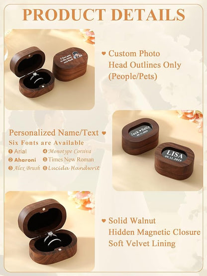 Custom4U Personalized Wooden Ring Box for Ceremony 2 Slots Engagement Ring Holder Box Vintage Wood Ring Bearer Wedding Jewelry Gift