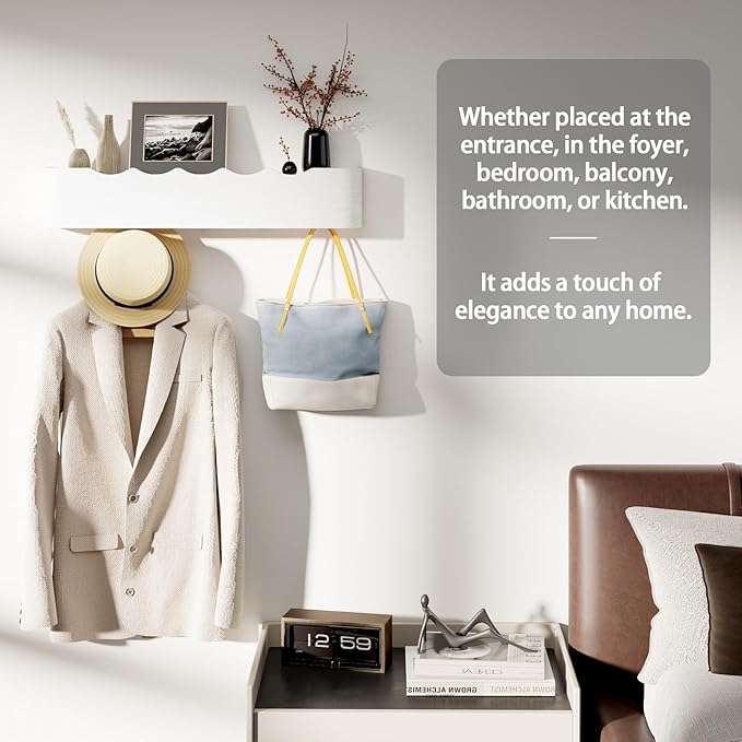 Coat Rack Wall Mount with Shelf 8 Hidden Hooks Modern Wooden Key Holder Entryway Organizer for Hallway Bedroom Bathroom Home Decor Storage for Hanging Coats Hats Bags Towels, Wave-Shape White