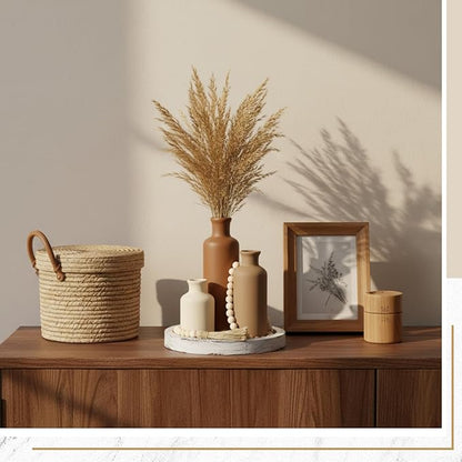 5 Pcs Rustic Country Tabletop Centerpieces Decor Set of 3 Boho Ceramic Vases with Wooden Serving Tray Wood Bead Garland Tassels Table Holder for Home Decorations (Brown)