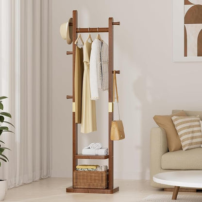 Taitiy Solid Wood Coat Rack, Freestanding Clothing Rack with 2 Shelves Storage & 5 Hooks, Heavy Duty Clothes Rack Stand for Hall, Bedroom, Living Room