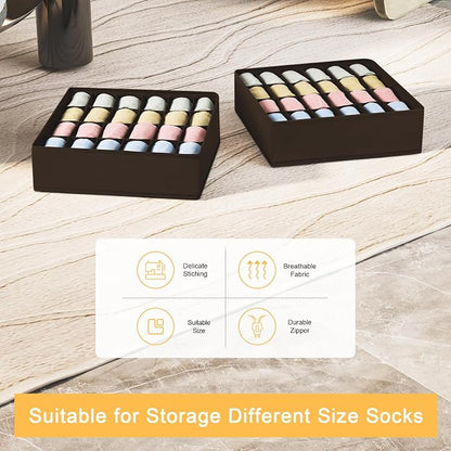 Joyoldelf Sock Organizer Drawer Organizer - 2 Packs Underwear Organizer, 24 Cells Collapsible Closet Organizers and Storage Sock Holders Organizers for Storing Socks, Ties, Belts (Brown), LF001Brown