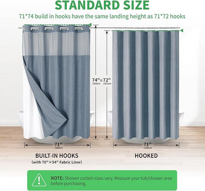 No Hooks Needed Linen Textured Shower Curtain with Snap-in Fabric Liner Set,Blue Grey Hotel Luxury Decor Shower Curtains for Bathroom with Mesh Top Window,Waterproof & Washable,71Wx74H