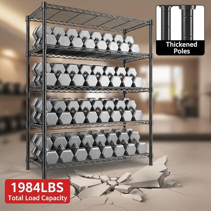 REIBII 1984LBS Storage Shelves with Wheels 75.2"H Wire Shelving Unit, Metal Shelving with Wheels & Feet, 5 Tier Adjustable Metal Dorm Storage Shelves for Pantry Kitchen Garage, 75.2"H x 35.5"W x 16"D
