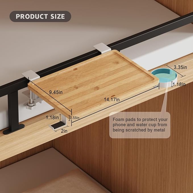 Magheo Bedside Shelf Wood, Foldable Clip-On Bed Shelf for Top Bunk Space Saving Bed Side Table Tray for College Dorm Room Essentials,Loft Nightstand Organizer Tray with Rotatable Cup Holder, Hooks