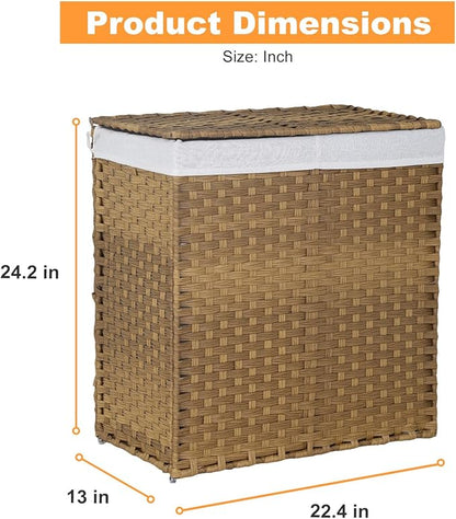 FDW Handwoven Laundry Hamper with Lid, 110L Foldable Rattan Clothes Basket with 2 Removable Liners & 6 Mesh Laundry Bags for Bathroom Bedroom, Natural