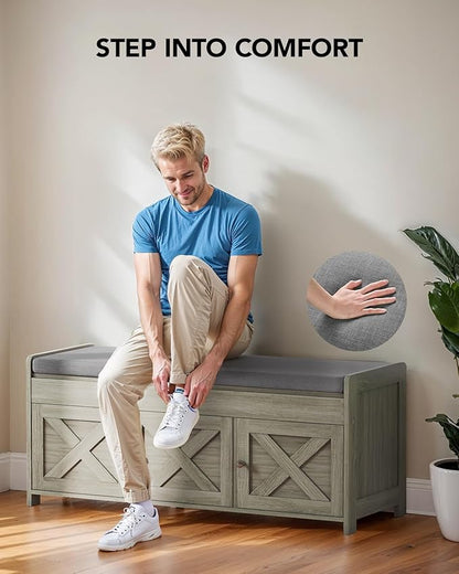 Amada Shoe Bench, 39.4” Entryway Bench with Cushioned Seat & Lift Top Storage, Adjustable Shelf, 300 lbs Capacity, 2-Tier Storage Bench with Shoe Rack for Entryway, Bedroom, Gray
