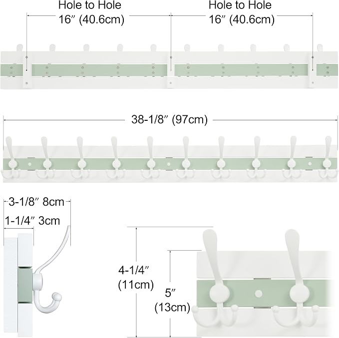 SKOLOO Coastal Coat Rack Wall Mount-38-1/8 Beach House Entryway Wooden Coat Hook with 10 Hooks for Hanging Coats, Hats or Towels, Oceanfront Cottage Core Collection, White & Green, Pack of 2