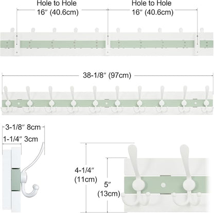 SKOLOO Coastal Coat Rack Wall Mount-38-1/8 Beach House Entryway Wooden Coat Hook with 10 Hooks for Hanging Coats, Hats or Towels, Oceanfront Cottage Core Collection, White & Green, Pack of 2