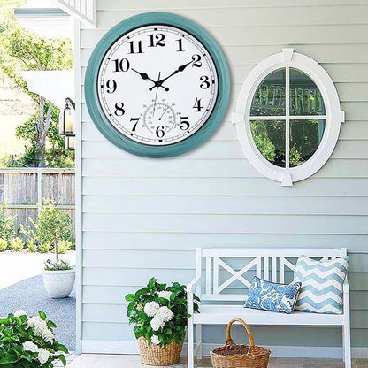 16 Inch Large Outdoor Clock, Retro Waterproof Indoor/Outdoor Clock Non-Ticking Clock with Thermometer, Battery Operated Wall Clock for Patio, Garden, Pool - Green