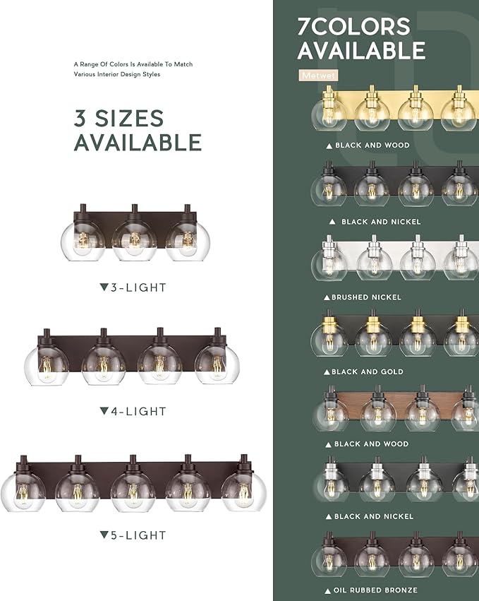 Bathroom Light Fixtures Over Mirror, 3-Light Oil Rubbed Bronze Vanity Light with Clear Glass Globe Shade, Modern Sconces Wall Lighting, Bathroom Wall Lights for Bedroom Hallway, VL195-ORB-3