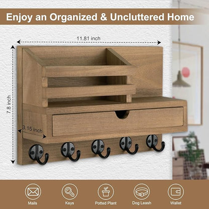 Key Holder Wall Mount, Mail Holder with Storage Drawer and 5 Key Hooks for Coat, Dog Leash, Home Decor Rack, House Accessories, Entry Way Organizer (Light Brown)