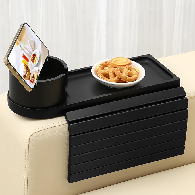 Couch Cup Holder Tray, 15.75" Bamboo Cup Holder for Couch, 3 in 1 Foldable Arm Chair Clip on Side Tray Table for Remote Snack Table on Armrest