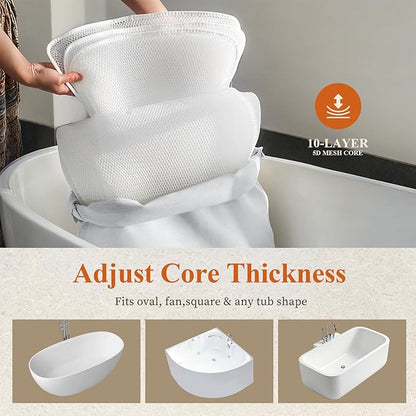 Luxury Bathtub Pillow,Head,Neck & Back Support,Quick-Drying 5D Mesh Core,Gift for Bath Lovers,Adjustable Thickness Fits Any Bathtubs,Easy to Maintain,Light Grey
