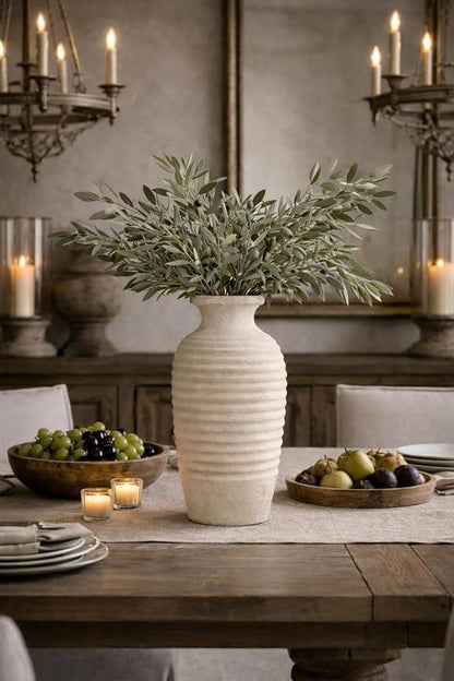Vaseking Ceramic Natural Rustic Vase, 14.4 Inch Large Vintage Flower Threaded Decorative Farmhouse Tall Vase for Home Decor, Living Room, Shelf Decor, Wedding, Housewarming Gift, Off-White