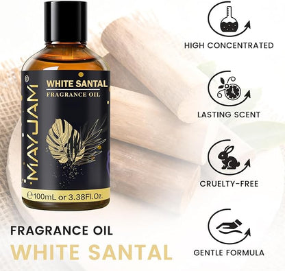 White Santal Fragrance Oil Essential Oil, MAYJAM 3.38FL.OZ White Santal Oil for Diffusers for Home, Long Lasting Scented Oils for Soap Candle Making - 100ML