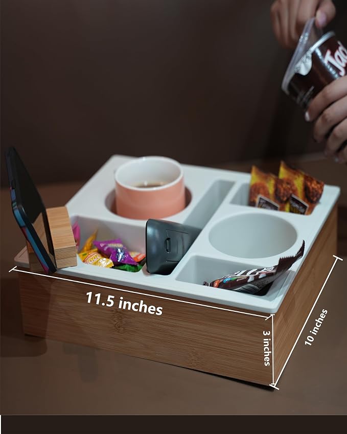 Couch Cup Holder Tray, Hitseon Silicone Bamboo Couch Caddy with Rotatable Phone Holder for Bed Car Seat Organizer, Waterproof Anti-Spill Couch Drink Holder for Snacks Beverage Remote (Black)