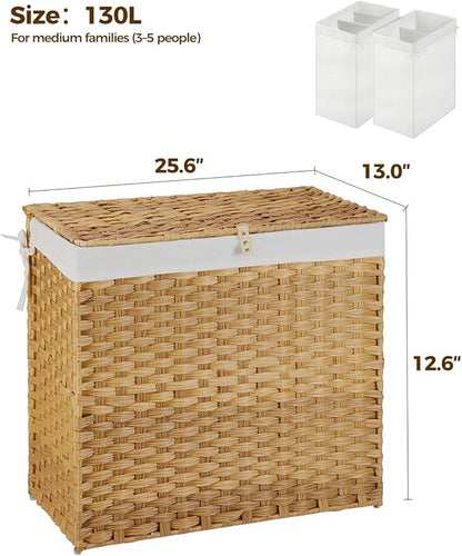 Greenstell Laundry Hamper with Wheels&Lid, 130L Large 3 Sections Clothes Hamper with 2 Types Removable Liner Bags, 5 Mesh Laundry Bags, Handwoven Divided Laundry Basket for Clothes, Natural