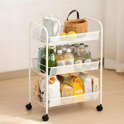 White Rolling Cart 3-Tier, Mobile Snack Cart for Living Room & Kitchen - Holds Beverages, Fruit, Books, with 360° Wheels & Hooks