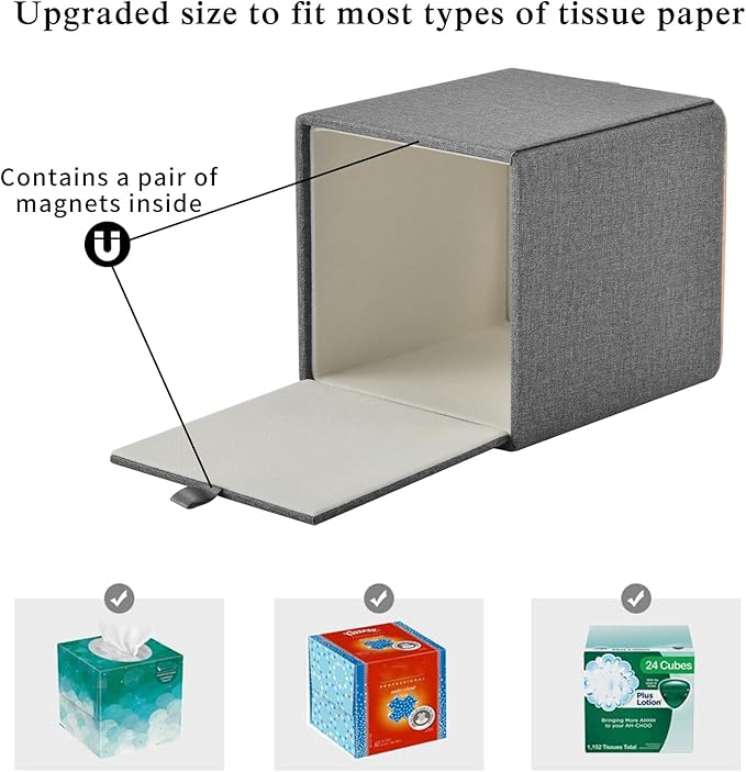 RHCSZ Linen Square Tissue Box Holder Cube Tissue Box Cover－Rosegold Leather Recorate,Napkin Holder Case Dispenser, Tissue Holders with Magnetic Bottom for Home Office Car Hotel Restaurant,Grey