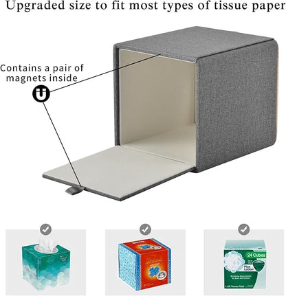 RHCSZ Linen Square Tissue Box Holder Cube Tissue Box Cover－Rosegold Leather Recorate,Napkin Holder Case Dispenser, Tissue Holders with Magnetic Bottom for Home Office Car Hotel Restaurant,Grey