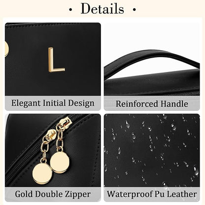 Valentines Day Gifts for Women Teen Girl, Personalized Initial Makeup Organizer Bag Set, Open Flat Travel Cosmetic Bag With Clear Divider and Handle(Black,L)