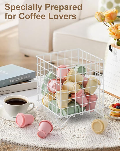 FantasyLife K Cup Holder Organizer, 5.3" x 5.3" x 6.3" Coffee Pod Storage Basket, Coffee Bar Accessories Metal Basket, Large Capacity Countertop Organizer for Kitchen Counter & Office Desktop (White)