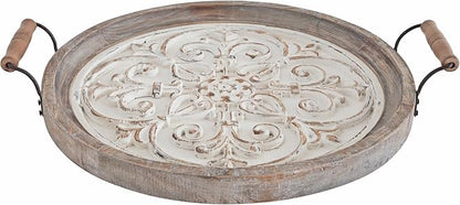 Kate and Laurel Hillrose Round Wooden Tray, 18 inch Diameter, Rustic Brown and White, Decorative Tray for Serving, Display, and Storage