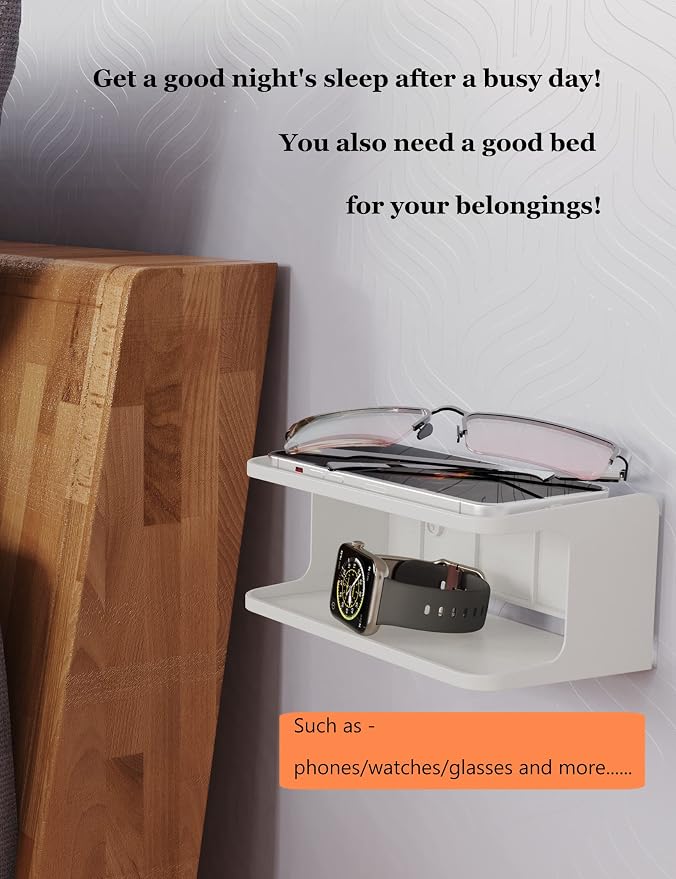 Bedside Shelf Accessories Organizer for Bedroom Bedside Wall Organizer Universal Bedside Shelf Wall Mount for Glasses/Remote/Earphone/Cell Phone and More (White)