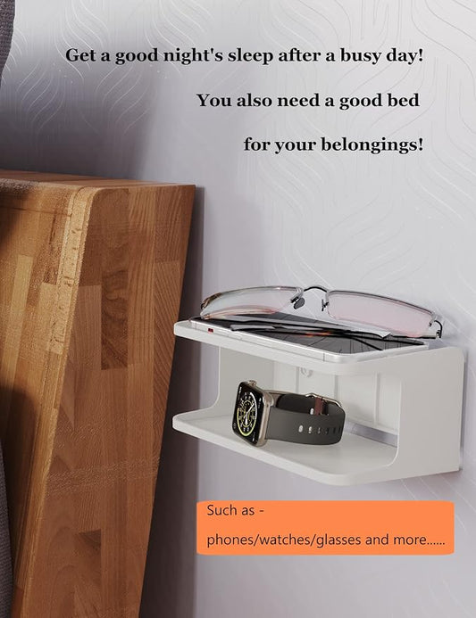 Bedside Shelf Accessories Organizer for Bedroom Bedside Wall Organizer Universal Bedside Shelf Wall Mount for Glasses/Remote/Earphone/Cell Phone and More (White)