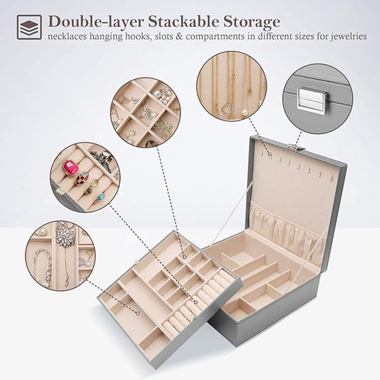 ProCase Jewelry Box for Women, 2 Layers Large Leather Jewelry Organizer Storage Case with Removable Pad for Earrings -Grey