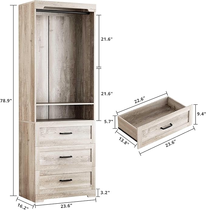 IRONCK Freestanding Closet System with 3 Wood Drawers, Modern Armoire Wardrobe with Adjustable Shelves & Hanging Rod, Walk-in Closet Systems Organizer, Rustic Maple