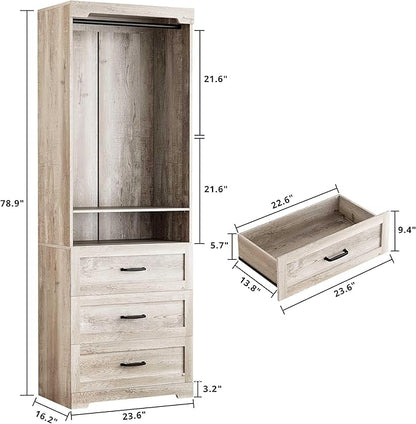 IRONCK Freestanding Closet System with 3 Wood Drawers, Modern Armoire Wardrobe with Adjustable Shelves & Hanging Rod, Walk-in Closet Systems Organizer, Rustic Maple