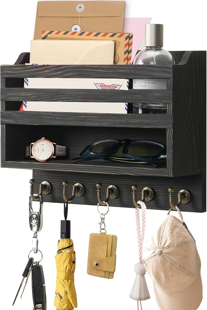 Mail and Key Organizer for Wall – Key Holder Wall Mount with Storage Box and 5 Key Hooks, Mail Holder Wall Mounted for Entryway, Apartment, Office, Home Decor Organization (Black)