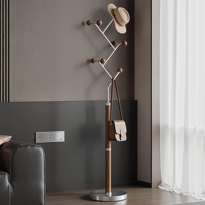 Coat Rack Freestanding, Metal Coat Tree with 8 Rubber Wood Hooks, Heavy Duty Coat Hanger Stand with Marble and Stainless Steel Base, Standing Hall Tree for Clothes, Hats, Bags, Jacket